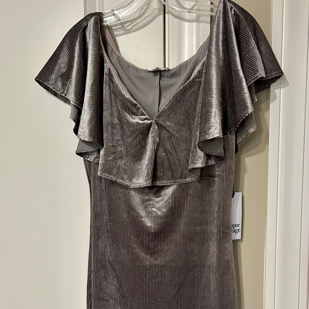 Unique Vintage Silver Gray Velvet Flutter Sleeve Dress
